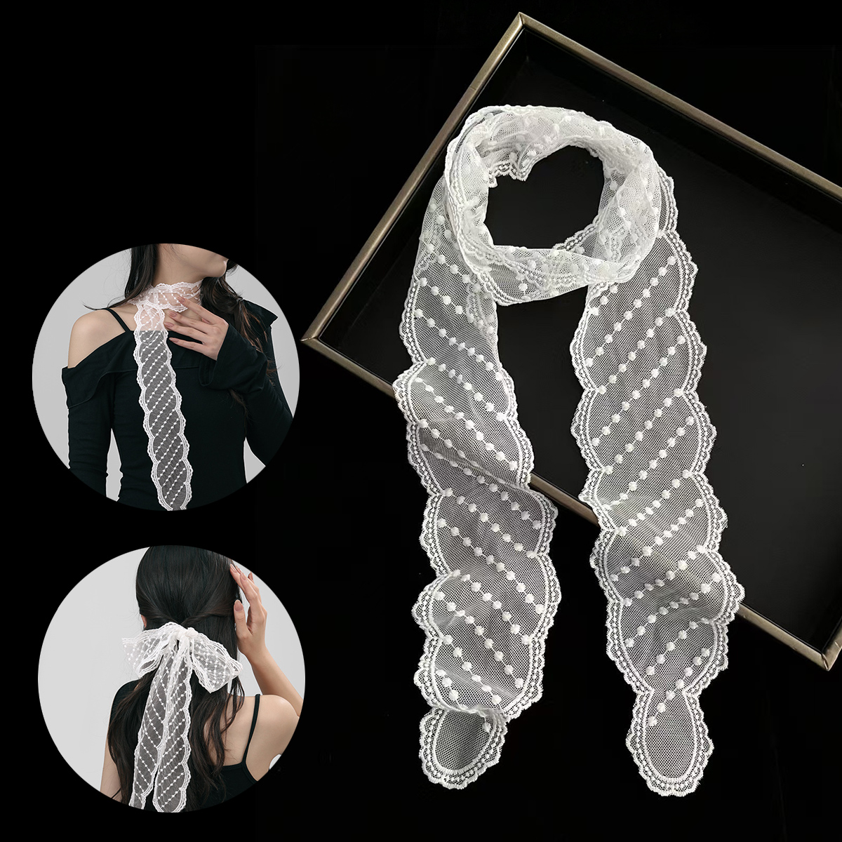 Embroidery Ribbon - Sciarpa Lunga da Donna in Pizzo